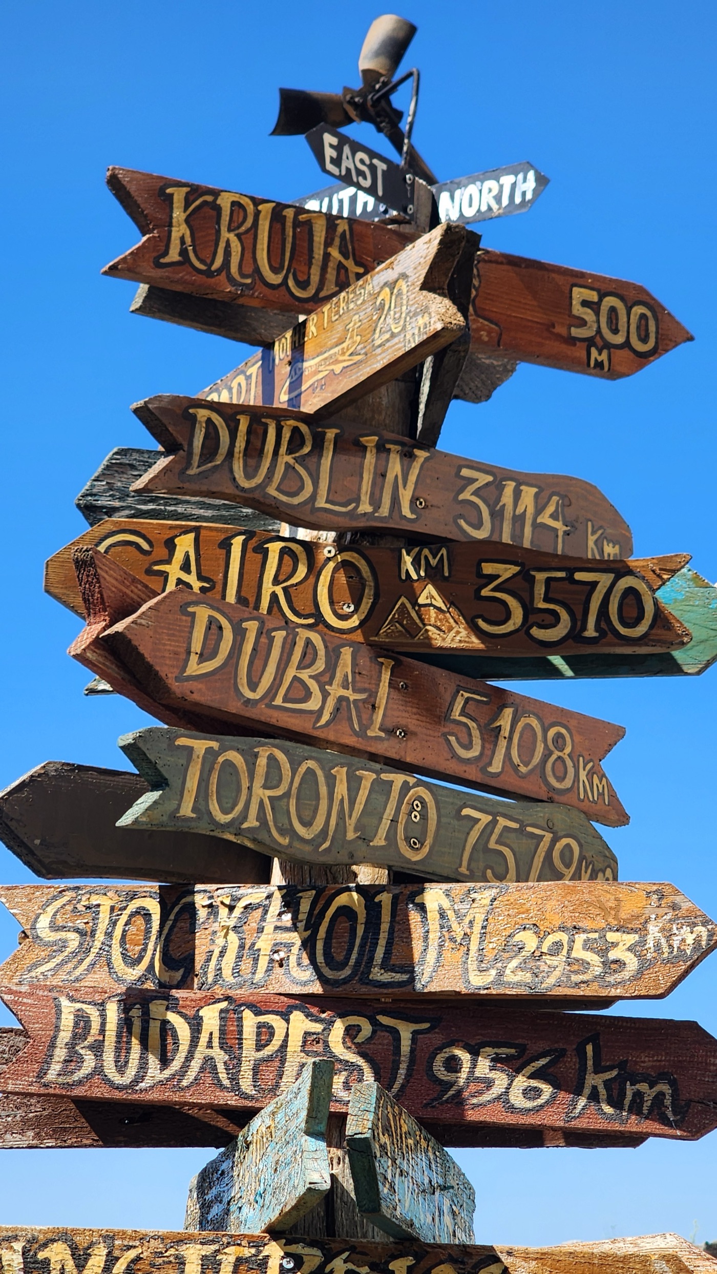 Hand-painted signpost at Krujë Castle pointing to cities around the world